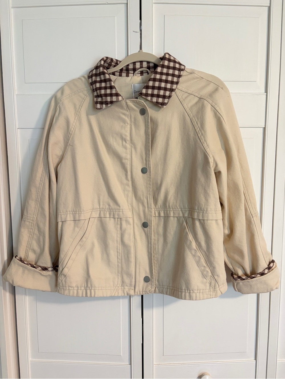 NWOT Christian Lacroix Cream Utility Jacket with Brown Gingham Collar